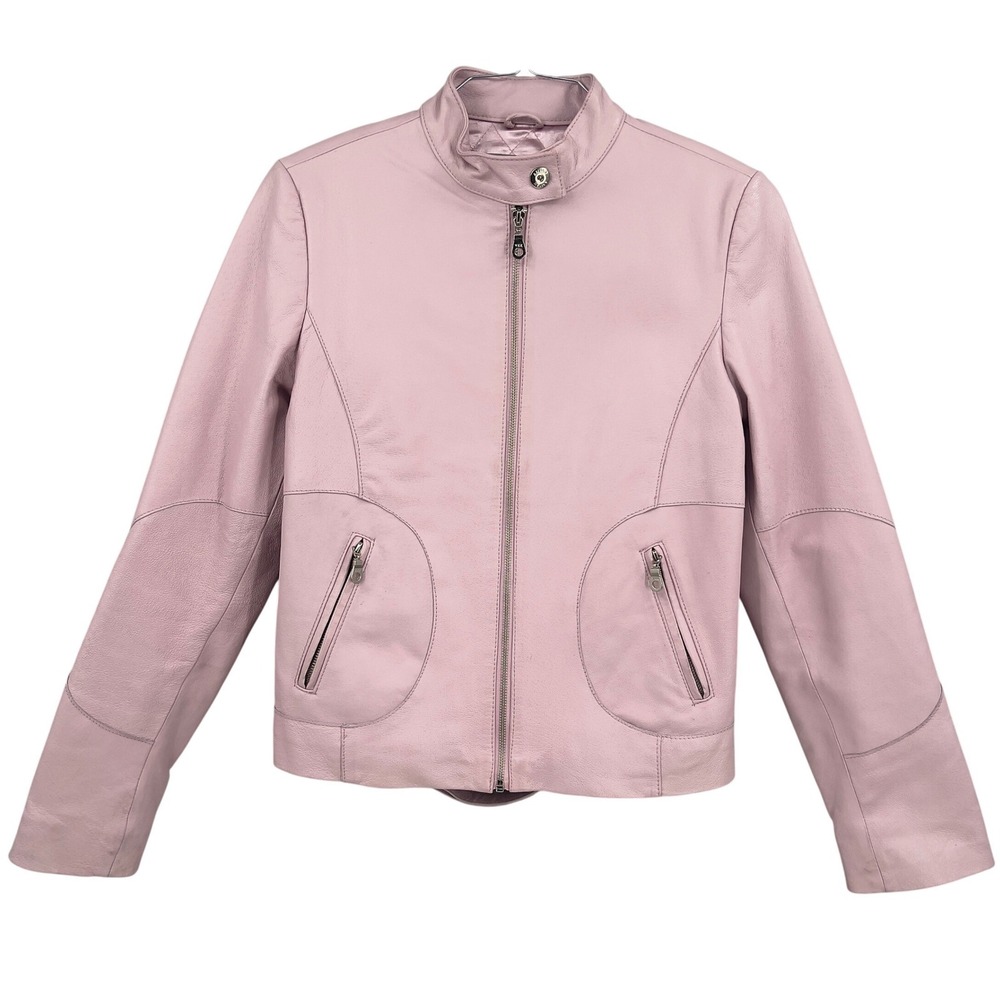 Amisu Women's Pink Leather Moto Jacket Cafe Racer Full Zip Circle Pocket‎ 40 S/M